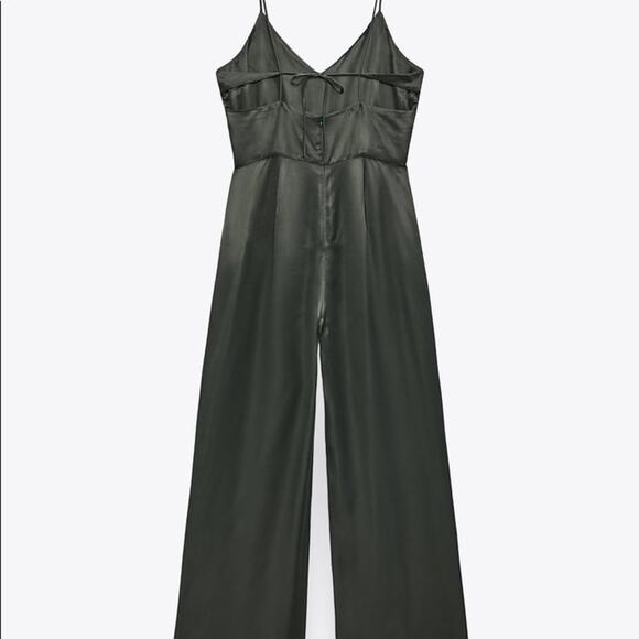ZARA LONG SATIN EFFECT JUMPSUIT DARK GREEN - Picture 8 of 9